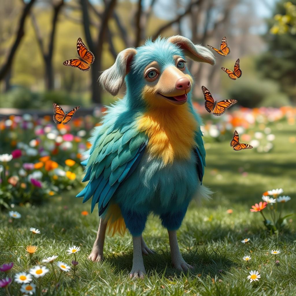 A whimsical and imaginative creature that resembles a dog but has colorful feathers like a bird