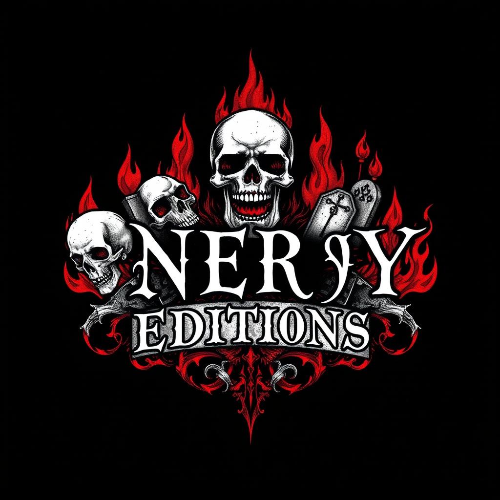 A hand-drawn logo representing themes of death and hell, featuring dark, gothic elements such as skulls, flames, and grave markers
