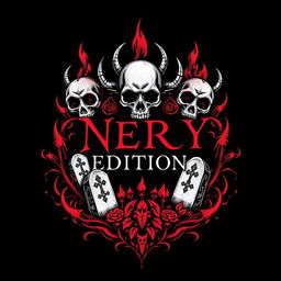 A hand-drawn logo representing themes of death and hell, featuring dark, gothic elements such as skulls, flames, and grave markers