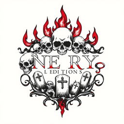 A hand-drawn logo representing themes of death and hell, featuring dark, gothic elements such as skulls, flames, and grave markers