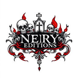 A hand-drawn logo representing themes of death and hell, featuring dark, gothic elements such as skulls, flames, and grave markers