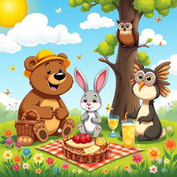 A vibrant and colorful cartoon scene featuring a group of diverse animals having a picnic in a sunny park