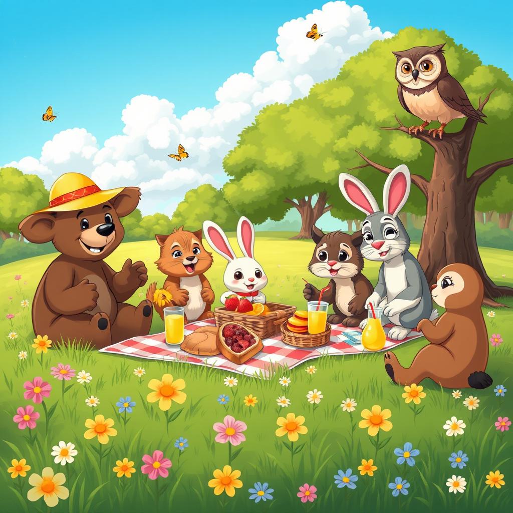 A vibrant and colorful cartoon scene featuring a group of diverse animals having a picnic in a sunny park