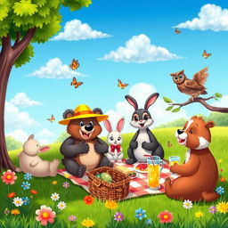 A vibrant and colorful cartoon scene featuring a group of diverse animals having a picnic in a sunny park