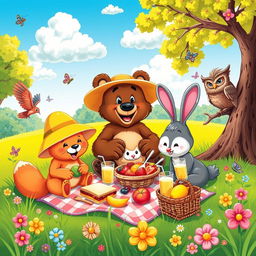 A vibrant and colorful cartoon scene featuring a group of diverse animals having a picnic in a sunny park