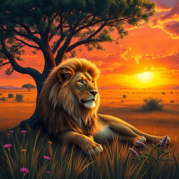 A vibrant and detailed depiction of a majestic lion lounging under a large acacia tree in the African savanna during sunset