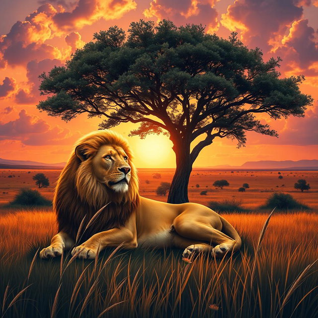 A vibrant and detailed depiction of a majestic lion lounging under a large acacia tree in the African savanna during sunset