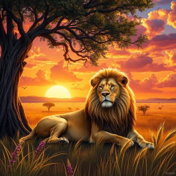 A vibrant and detailed depiction of a majestic lion lounging under a large acacia tree in the African savanna during sunset
