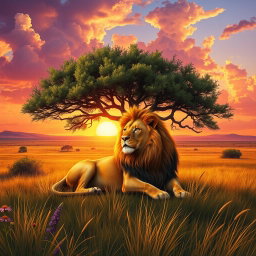 A vibrant and detailed depiction of a majestic lion lounging under a large acacia tree in the African savanna during sunset