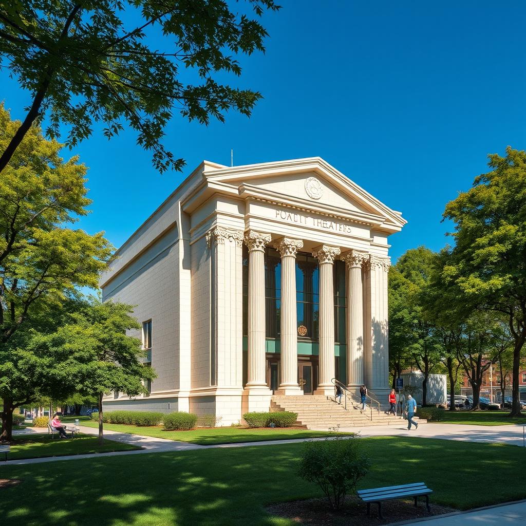 A small modern theater featuring a sleek architecture that draws medium inspiration from Greek civilization, showcasing elements like elegant columns and decorative moldings