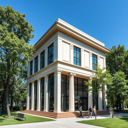 A small modern theater featuring a sleek architecture that draws medium inspiration from Greek civilization, showcasing elements like elegant columns and decorative moldings