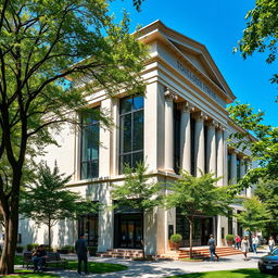 A small modern theater featuring a sleek architecture that draws medium inspiration from Greek civilization, showcasing elements like elegant columns and decorative moldings