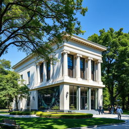 A small modern theater featuring a sleek architecture that draws medium inspiration from Greek civilization, showcasing elements like elegant columns and decorative moldings