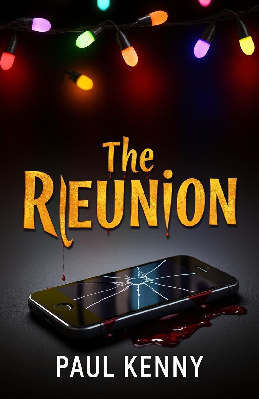 A dramatic book cover featuring multicolored lights strung across the top, casting a warm glow on the background