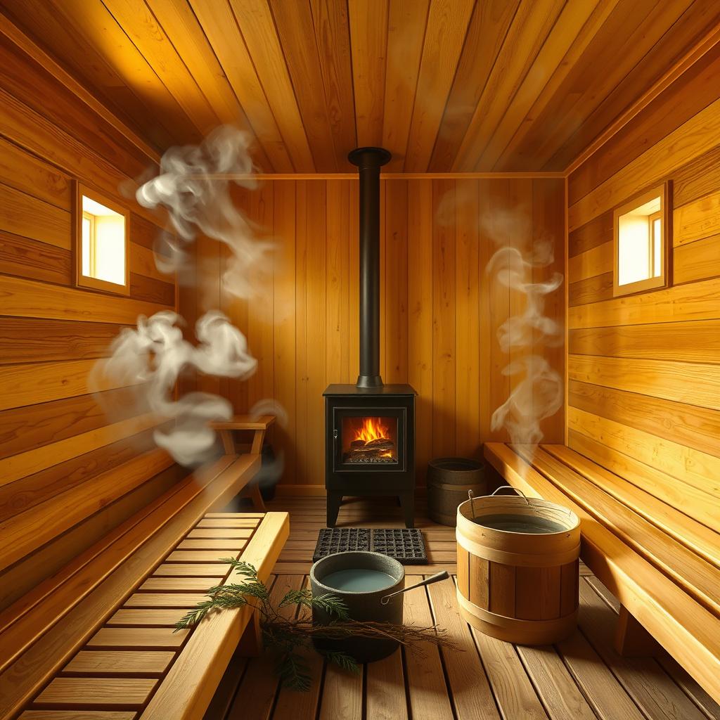 A cozy and relaxing sauna with steam rising, set in a 4 meter by 4 meter room