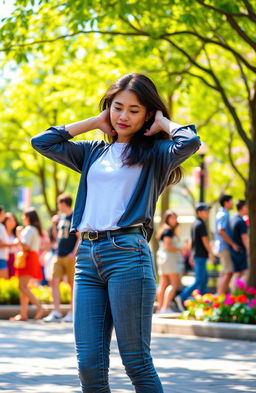 A person standing in a vibrant city park, adjusting their posture and expression based on the surrounding lively environment