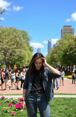 A person standing in a vibrant city park, adjusting their posture and expression based on the surrounding lively environment
