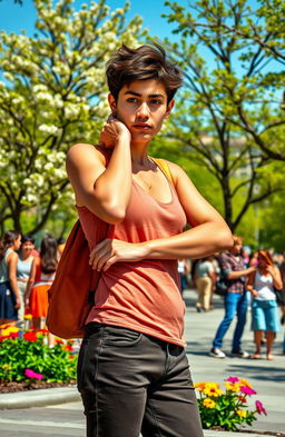 A person standing in a vibrant city park, adjusting their posture and expression based on the surrounding lively environment