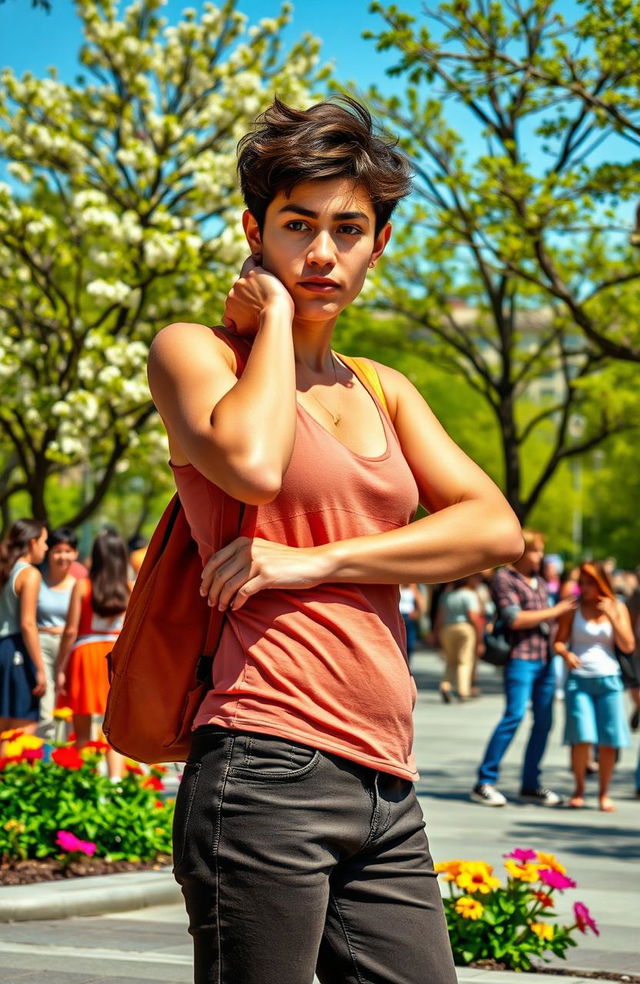 A person standing in a vibrant city park, adjusting their posture and expression based on the surrounding lively environment