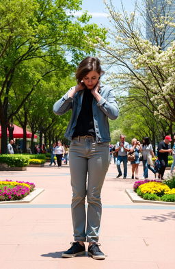 A person standing in a vibrant city park, adjusting their posture and expression based on the surrounding lively environment