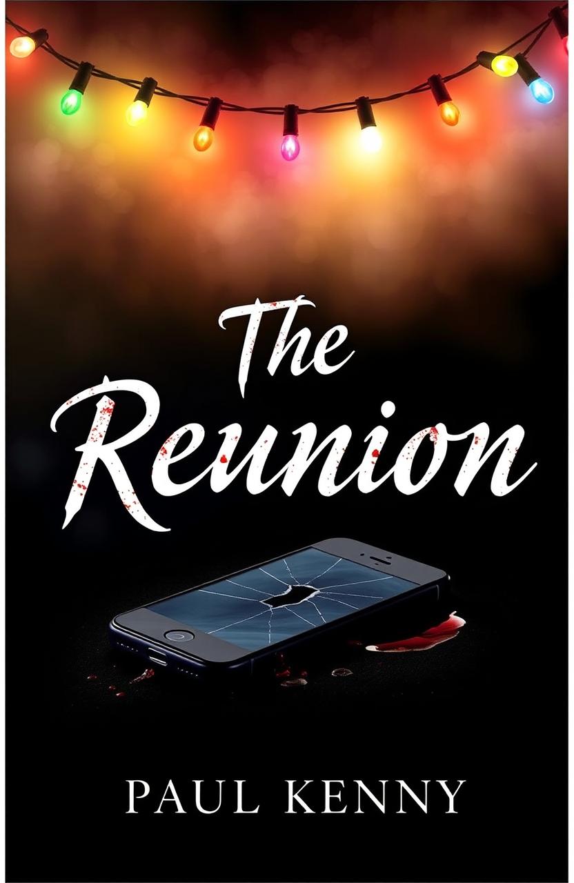 A dramatic book cover featuring multicolored lights strung along the top edge, casting a warm glow over a misty background