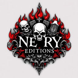 A hand-drawn logo that embodies the themes of death and hell, intricately designed with elements such as skulls, sinister flames, and grave markers