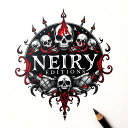 A hand-drawn logo that embodies the themes of death and hell, intricately designed with elements such as skulls, sinister flames, and grave markers