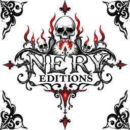 A hand-drawn logo that embodies the themes of death and hell, intricately designed with elements such as skulls, sinister flames, and grave markers