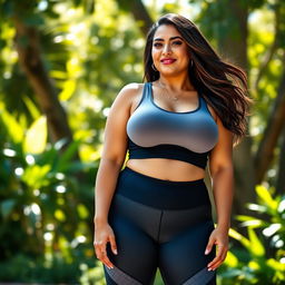 A voluptuous Latina woman with large breasts, accentuated curves, and voluptuous thighs, confidently posing in a fitted sports bra and stylish yoga pants