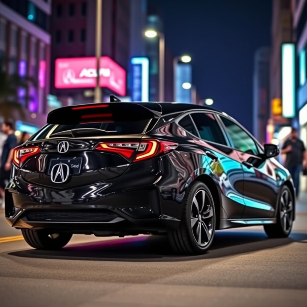 A sleek and modern black 2024 Acura hatchback parked in a vibrant urban environment