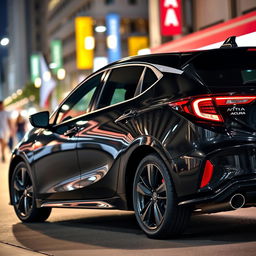 A sleek and modern black 2024 Acura hatchback parked in a vibrant urban environment