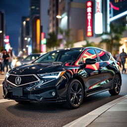 A sleek and modern black 2024 Acura hatchback parked in a vibrant urban environment