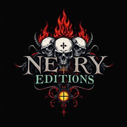 A hand-drawn logo that embodies the themes of death and hell, intricately designed with elements such as ominous skulls, swirling flames, and cryptic symbols
