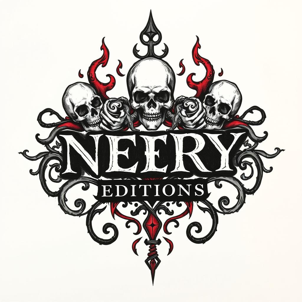 A hand-drawn logo that embodies the themes of death and hell, intricately designed with elements such as ominous skulls, swirling flames, and cryptic symbols