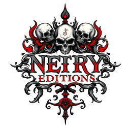 A hand-drawn logo that embodies the themes of death and hell, intricately designed with elements such as ominous skulls, swirling flames, and cryptic symbols