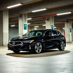 A stylish black 2024 Acura hatchback parked in a modern parking garage