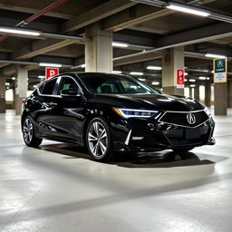 A stylish black 2024 Acura hatchback parked in a modern parking garage
