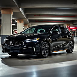A stylish black 2024 Acura hatchback parked in a modern parking garage