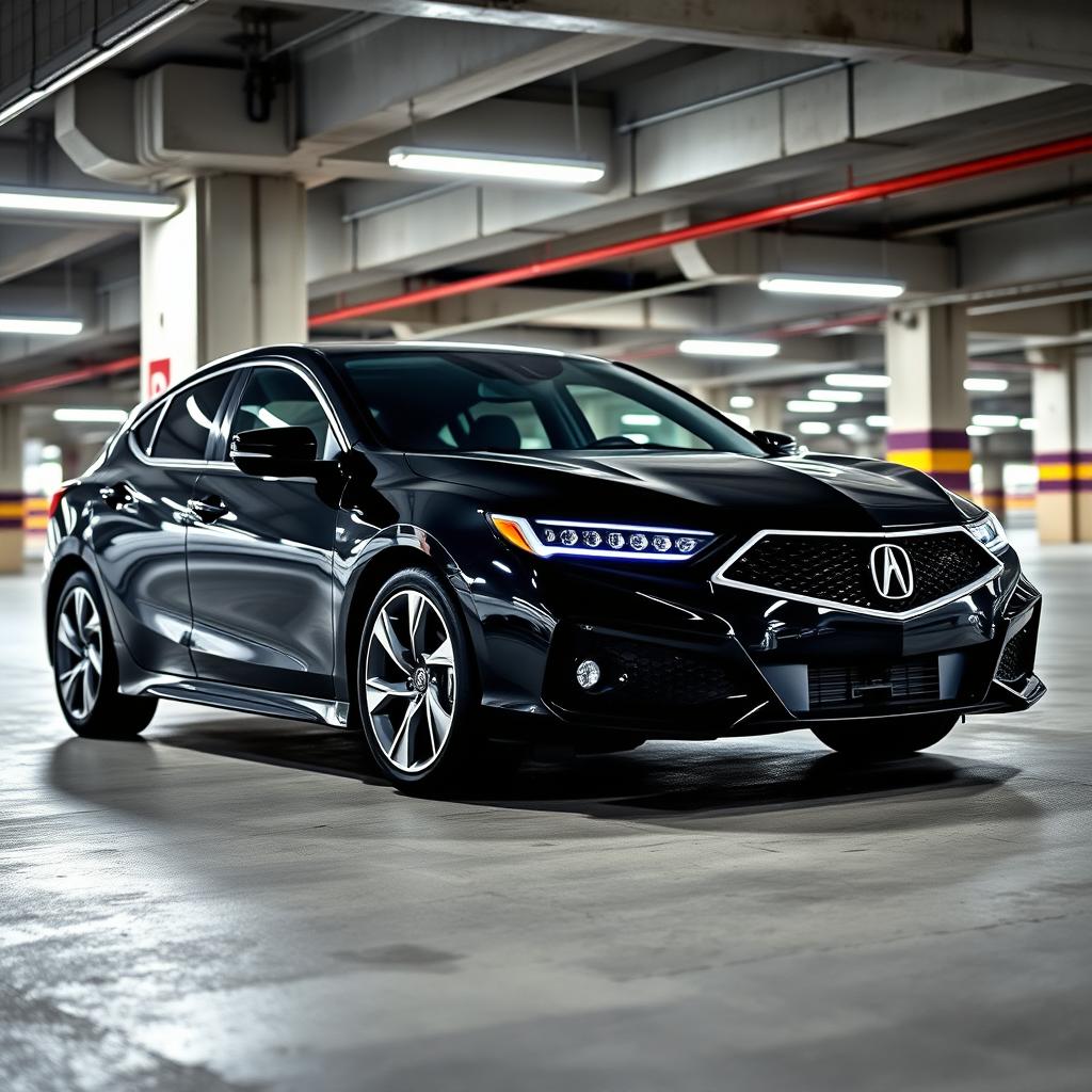 A stylish black 2024 Acura hatchback parked in a modern parking garage