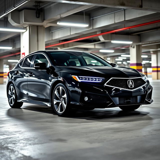 A stylish black 2024 Acura hatchback parked in a modern parking garage