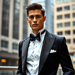 A stylish, high-fashion photo inspired by Alireza Jalalitabar, featuring a model wearing a sleek, tailored tuxedo with elegant lines