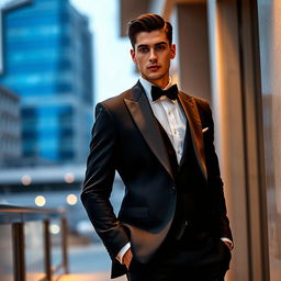 A stylish, high-fashion photo inspired by Alireza Jalalitabar, featuring a model wearing a sleek, tailored tuxedo with elegant lines