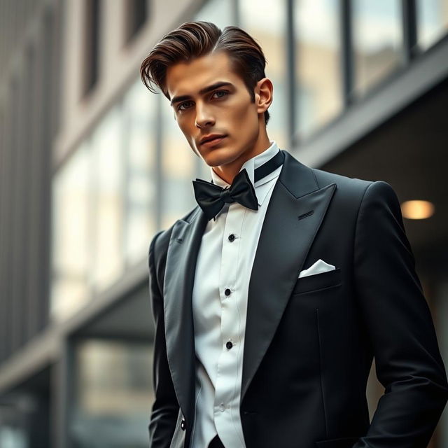 A stylish, high-fashion photo inspired by Alireza Jalalitabar, featuring a model wearing a sleek, tailored tuxedo with elegant lines