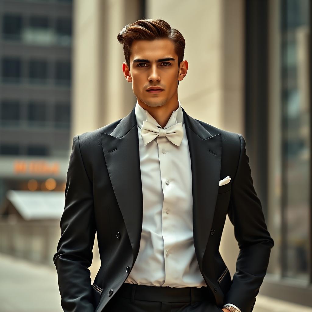 A stylish, high-fashion photo inspired by Alireza Jalalitabar, featuring a model wearing a sleek, tailored tuxedo with elegant lines