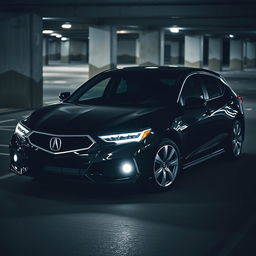 A sleek black 2024 Acura hatchback parked in a dimly lit parking garage