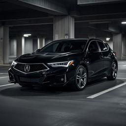 A sleek black 2024 Acura hatchback parked in a dimly lit parking garage