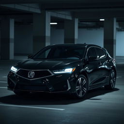 A sleek black 2024 Acura hatchback parked in a dimly lit parking garage