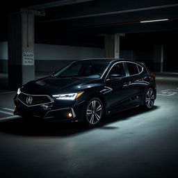 A sleek black 2024 Acura hatchback parked in a dimly lit parking garage