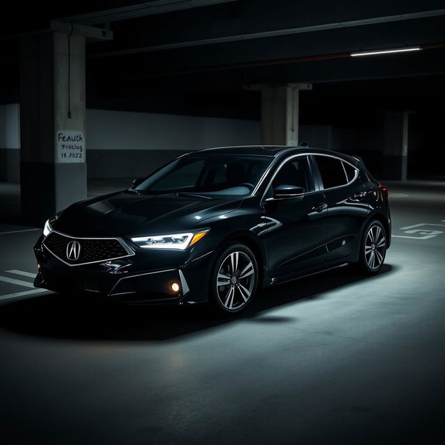 A sleek black 2024 Acura hatchback parked in a dimly lit parking garage