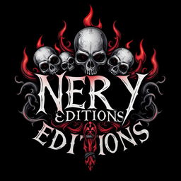 A hand-drawn logo inspired by themes of death and hell, featuring elements such as ominous skulls, swirling flames, and dark shadows